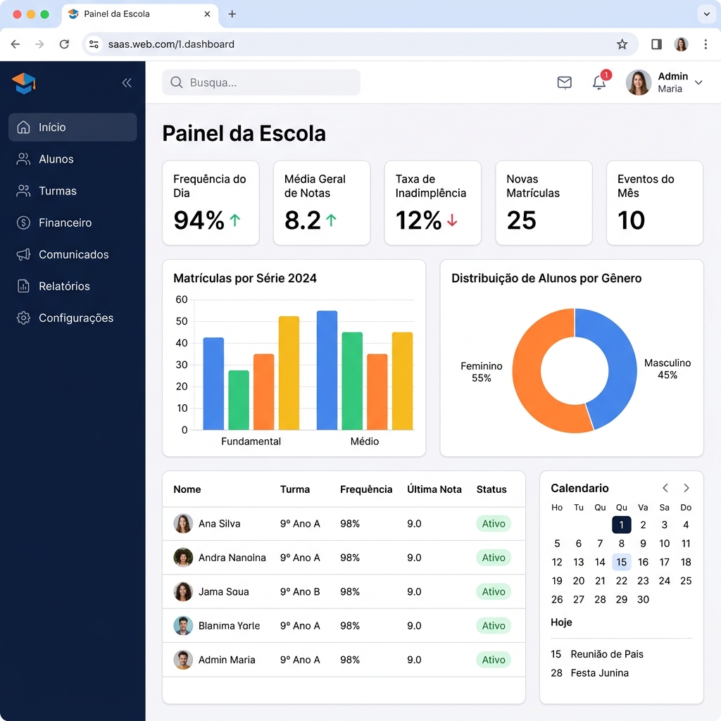 Painel GesClass em português — gestão escolar completa